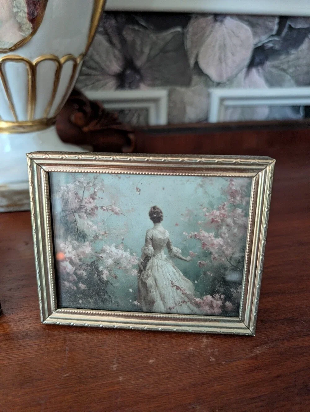 Vintage, set of 3, Gold Metal Detailed/Ornate Photo frames w/ VTG moody Prints